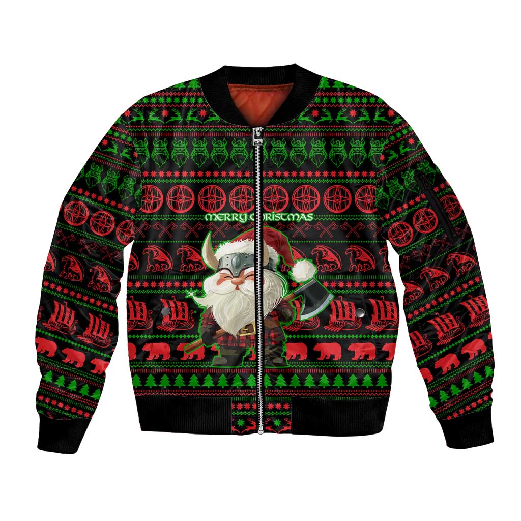 Viking Christmas Sleeve Zip Bomber Jacket with Santa Warrior Axe Nordic Symbols Red Green Black Knit Pattern Design - Wonder Print Shop