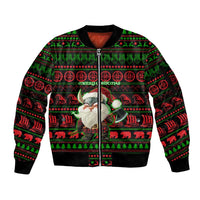 Viking Christmas Sleeve Zip Bomber Jacket with Santa Warrior Axe Nordic Symbols Red Green Black Knit Pattern Design - Wonder Print Shop