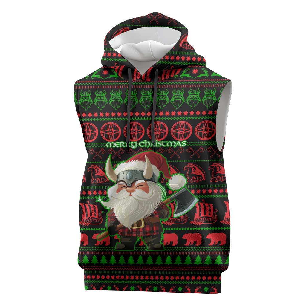 Viking Christmas Sleeveless Hoodie with Santa Warrior Axe Nordic Symbols Red Green Black Knit Pattern Design - Wonder Print Shop