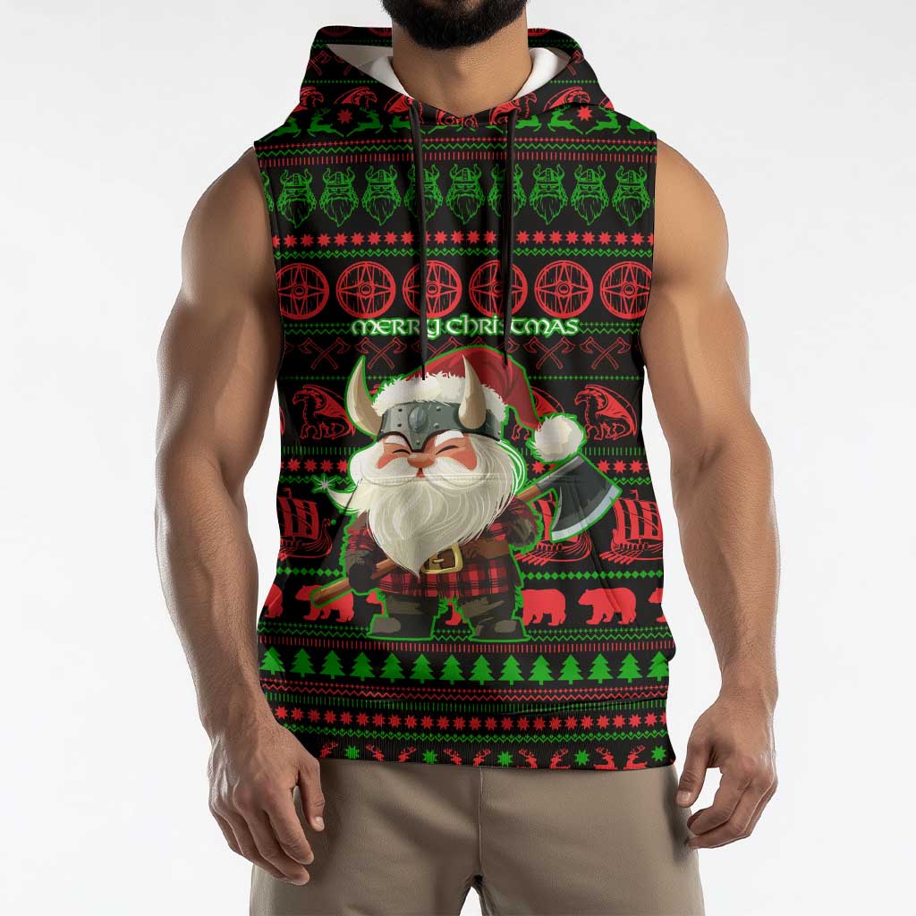 Viking Christmas Sleeveless Hoodie with Santa Warrior Axe Nordic Symbols Red Green Black Knit Pattern Design - Wonder Print Shop