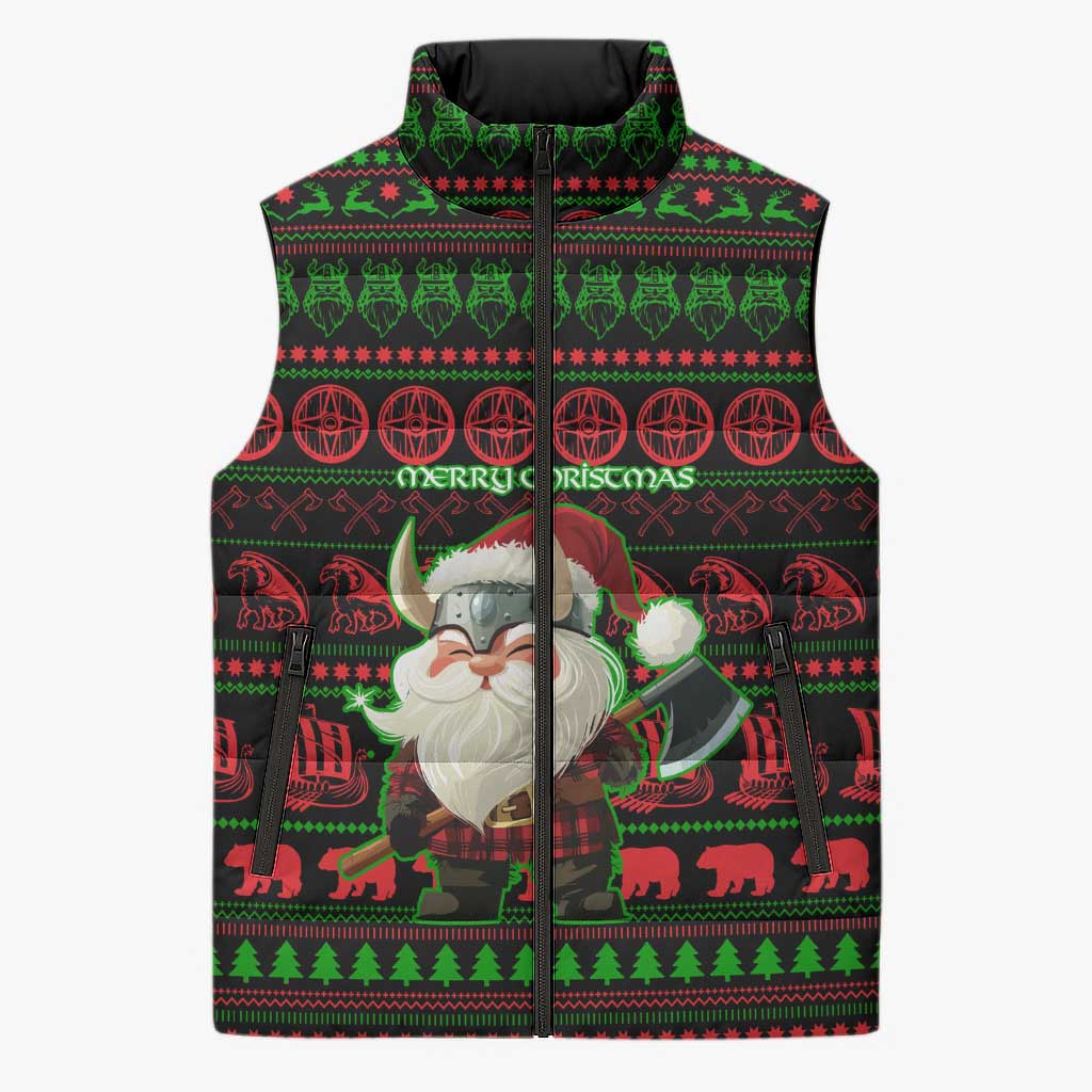 Viking Christmas Sleeveless Puffer Jacket with Santa Warrior Axe Nordic Symbols Red Green Black Knit Pattern Design - Wonder Print Shop