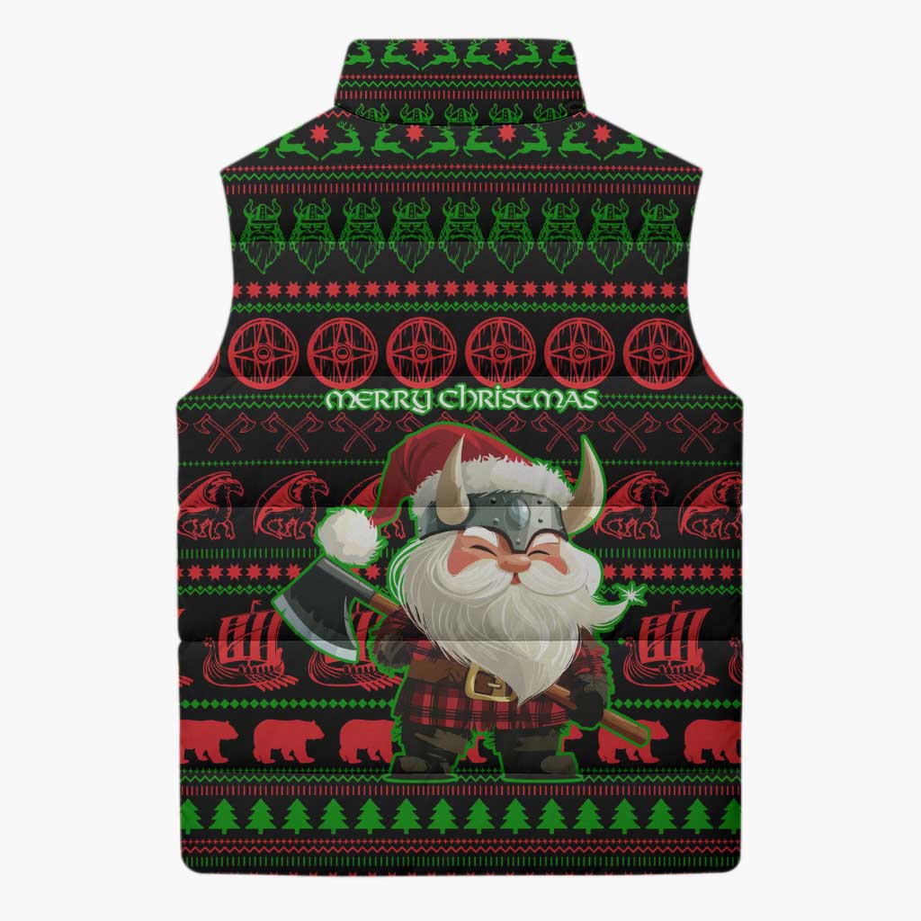 Viking Christmas Sleeveless Puffer Jacket with Santa Warrior Axe Nordic Symbols Red Green Black Knit Pattern Design - Wonder Print Shop