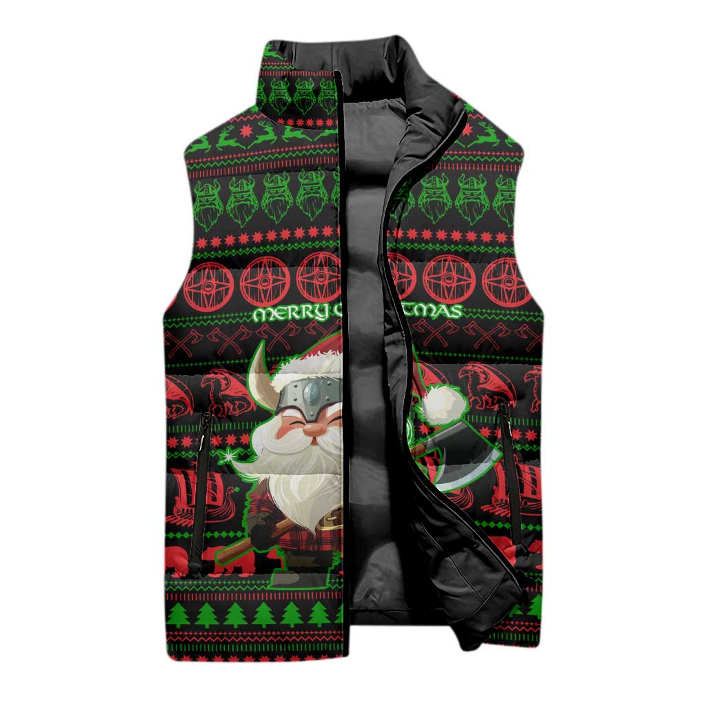 Viking Christmas Sleeveless Puffer Jacket with Santa Warrior Axe Nordic Symbols Red Green Black Knit Pattern Design - Wonder Print Shop