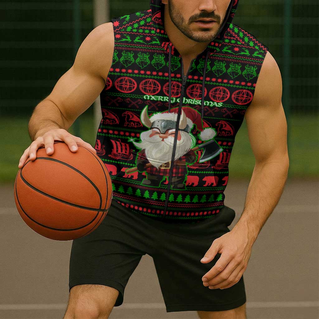 Viking Christmas Sleeveless Zip Hoodie with Santa Warrior Axe Nordic Symbols Red Green Black Knit Pattern Design - Wonder Print Shop