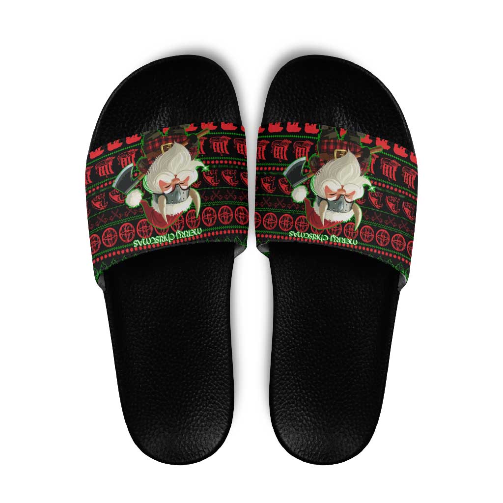 Viking Christmas Slide Sandals with Santa Warrior Axe Nordic Symbols Red Green Black Knit Pattern Design - Wonder Print Shop