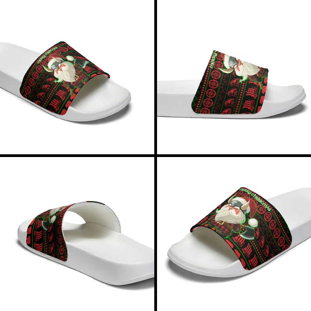 Viking Christmas Slide Sandals with Santa Warrior Axe Nordic Symbols Red Green Black Knit Pattern Design - Wonder Print Shop