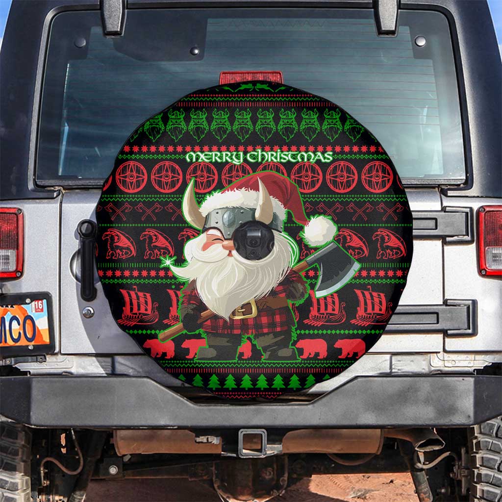 Viking Christmas Spare Tire Cover with Santa Warrior Axe Nordic Symbols Red Green Black Knit Pattern Design - Wonder Print Shop