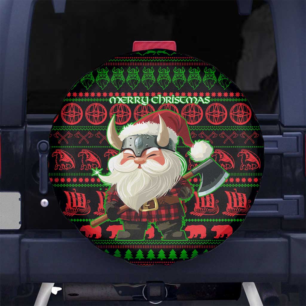 Viking Christmas Spare Tire Cover with Santa Warrior Axe Nordic Symbols Red Green Black Knit Pattern Design - Wonder Print Shop