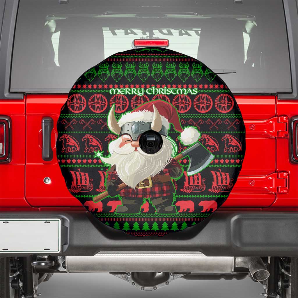 Viking Christmas Spare Tire Cover with Santa Warrior Axe Nordic Symbols Red Green Black Knit Pattern Design - Wonder Print Shop