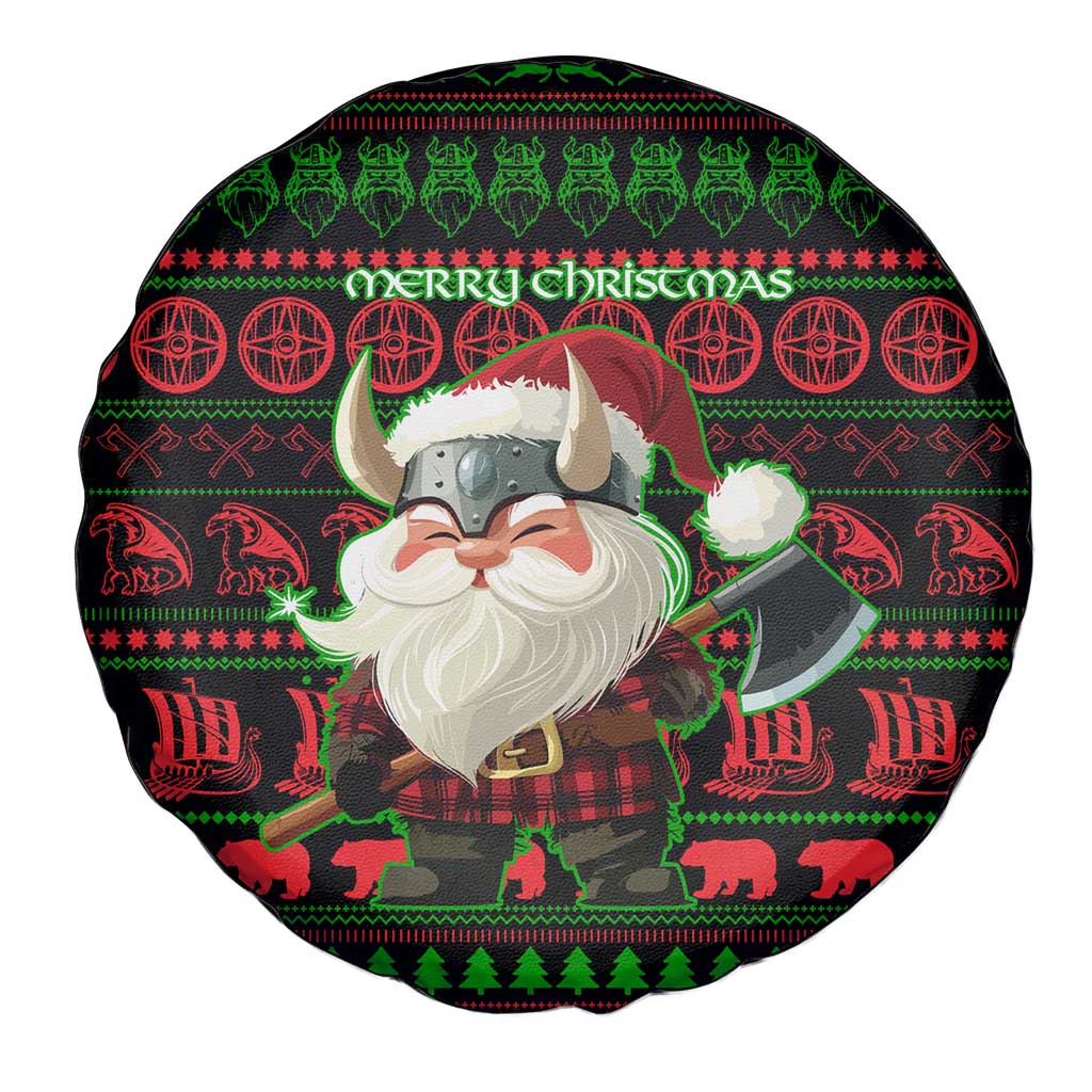 Viking Christmas Spare Tire Cover with Santa Warrior Axe Nordic Symbols Red Green Black Knit Pattern Design - Wonder Print Shop