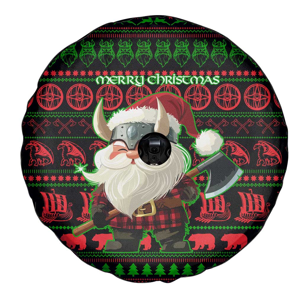 Viking Christmas Spare Tire Cover with Santa Warrior Axe Nordic Symbols Red Green Black Knit Pattern Design - Wonder Print Shop