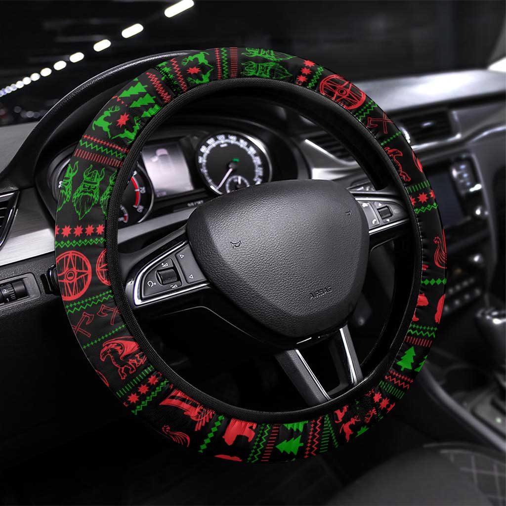 Viking Christmas Steering Wheel Cover with Santa Warrior Axe Nordic Symbols Red Green Black Knit Pattern Design - Wonder Print Shop