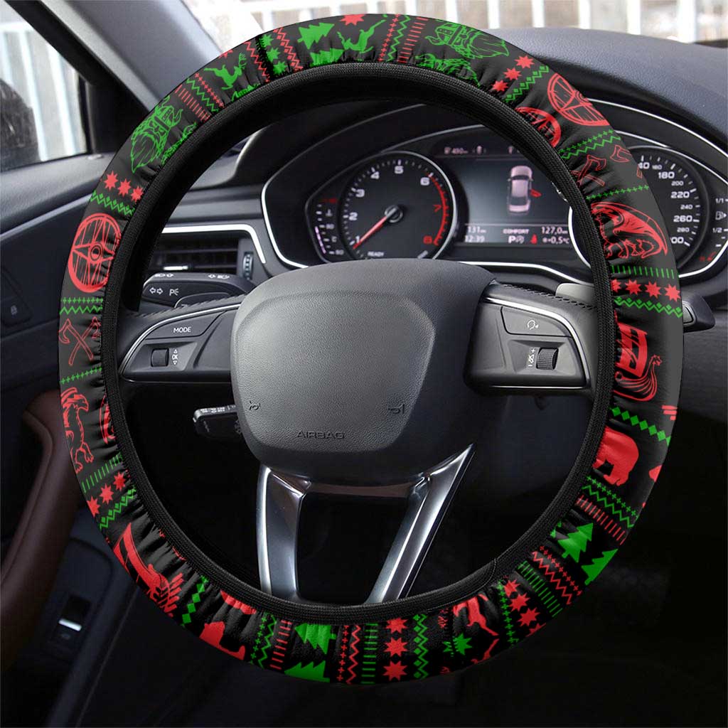 Viking Christmas Steering Wheel Cover with Santa Warrior Axe Nordic Symbols Red Green Black Knit Pattern Design - Wonder Print Shop
