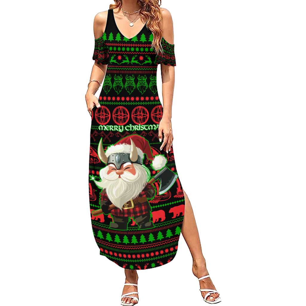 Viking Christmas Summer Maxi Dress with Santa Warrior Axe Nordic Symbols Red Green Black Knit Pattern Design - Wonder Print Shop