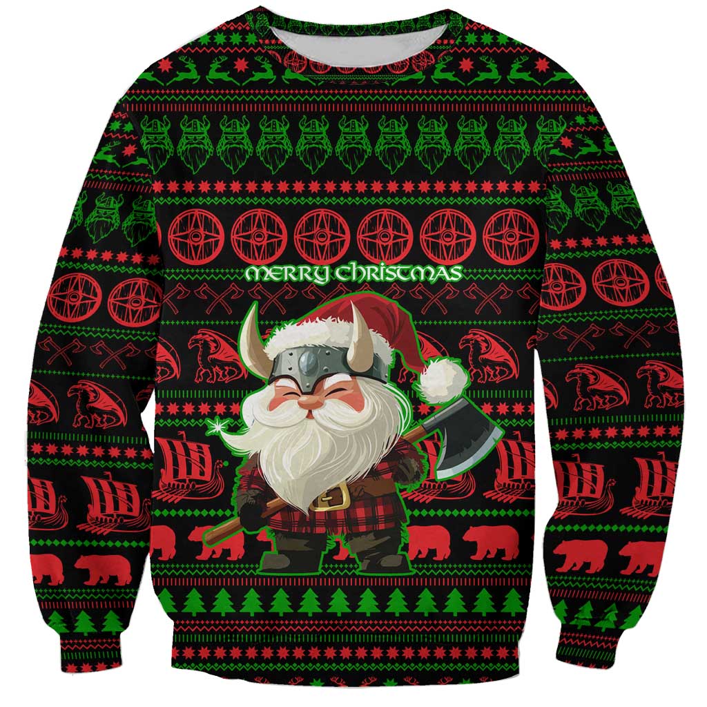 Viking Christmas Sweatshirt with Santa Warrior Axe Nordic Symbols Red Green Black Knit Pattern Design - Wonder Print Shop