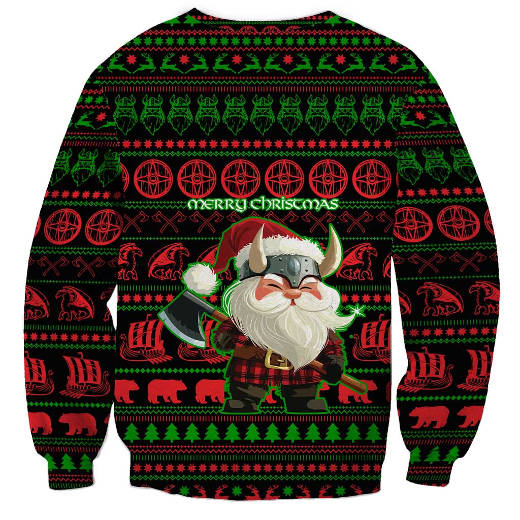 Viking Christmas Sweatshirt with Santa Warrior Axe Nordic Symbols Red Green Black Knit Pattern Design - Wonder Print Shop
