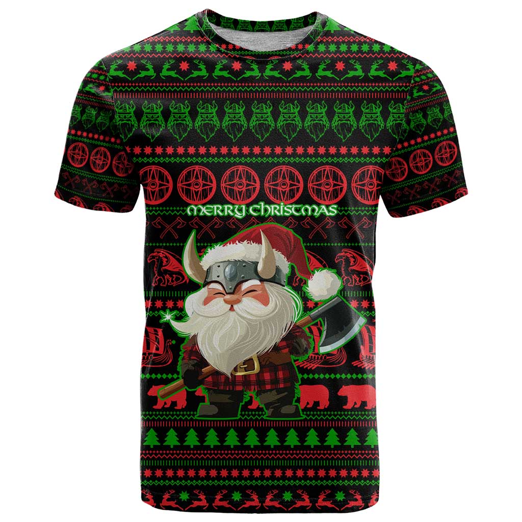 Viking Christmas T Shirt with Santa Warrior Axe Nordic Symbols Red Green Black Knit Pattern Design - Wonder Print Shop