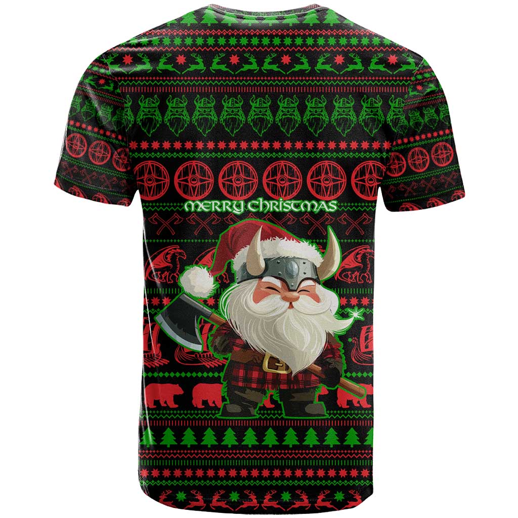 Viking Christmas T Shirt with Santa Warrior Axe Nordic Symbols Red Green Black Knit Pattern Design - Wonder Print Shop