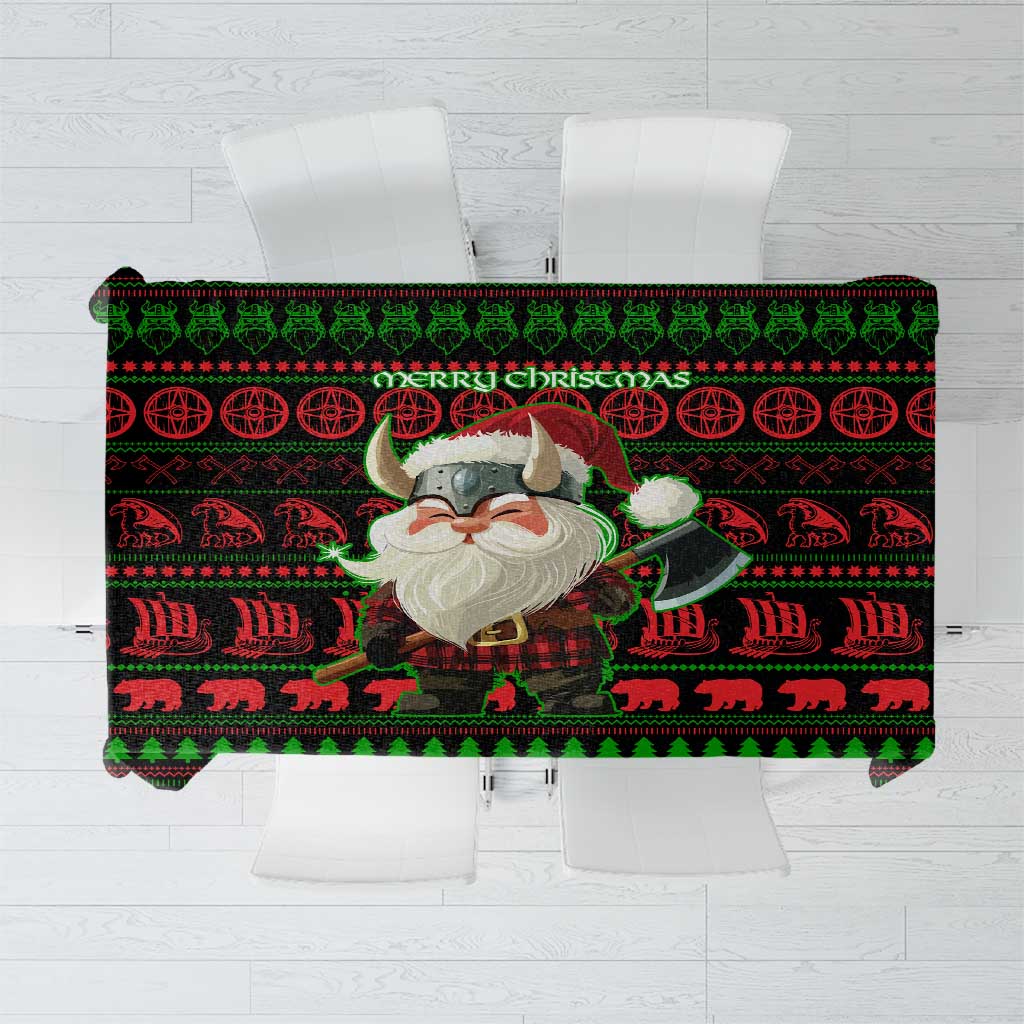Viking Christmas Tablecloth with Santa Warrior Axe Nordic Symbols Red Green Black Knit Pattern Design - Wonder Print Shop