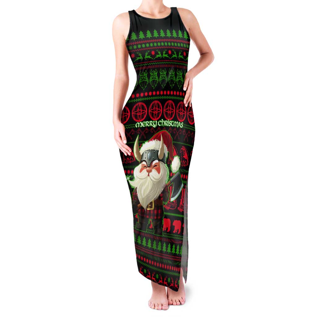 Viking Christmas Tank Maxi Dress with Santa Warrior Axe Nordic Symbols Red Green Black Knit Pattern Design - Wonder Print Shop