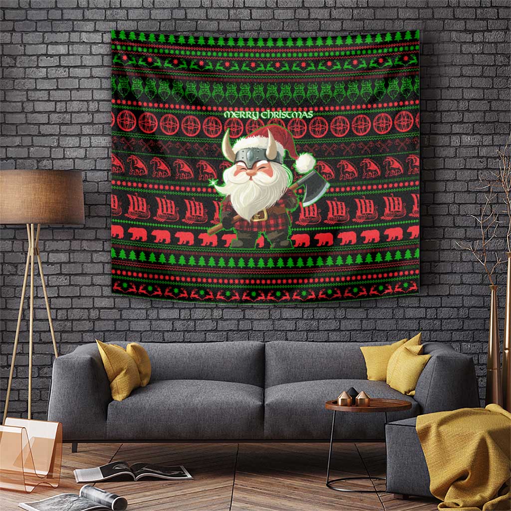 Viking Christmas Tapestry with Santa Warrior Axe Nordic Symbols Red Green Black Knit Pattern Design - Wonder Print Shop