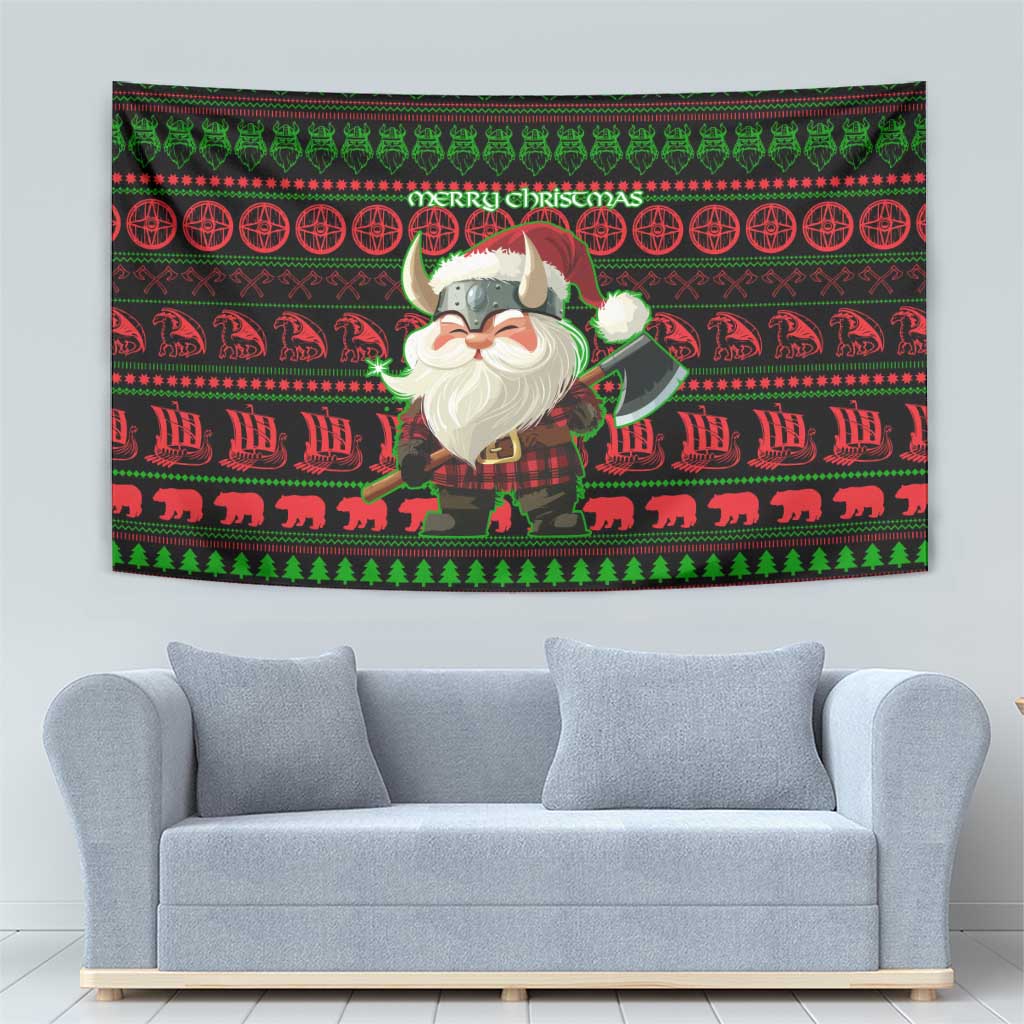 Viking Christmas Tapestry with Santa Warrior Axe Nordic Symbols Red Green Black Knit Pattern Design - Wonder Print Shop