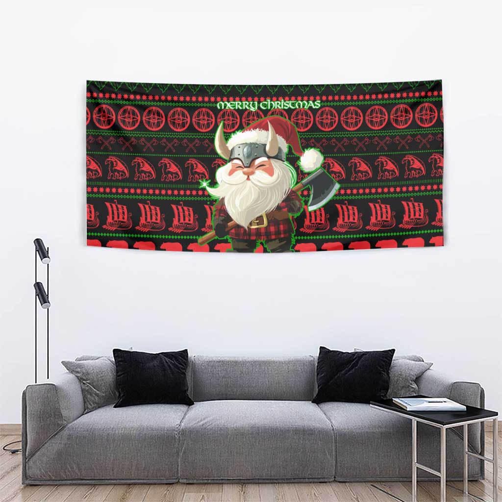 Viking Christmas Tapestry with Santa Warrior Axe Nordic Symbols Red Green Black Knit Pattern Design - Wonder Print Shop
