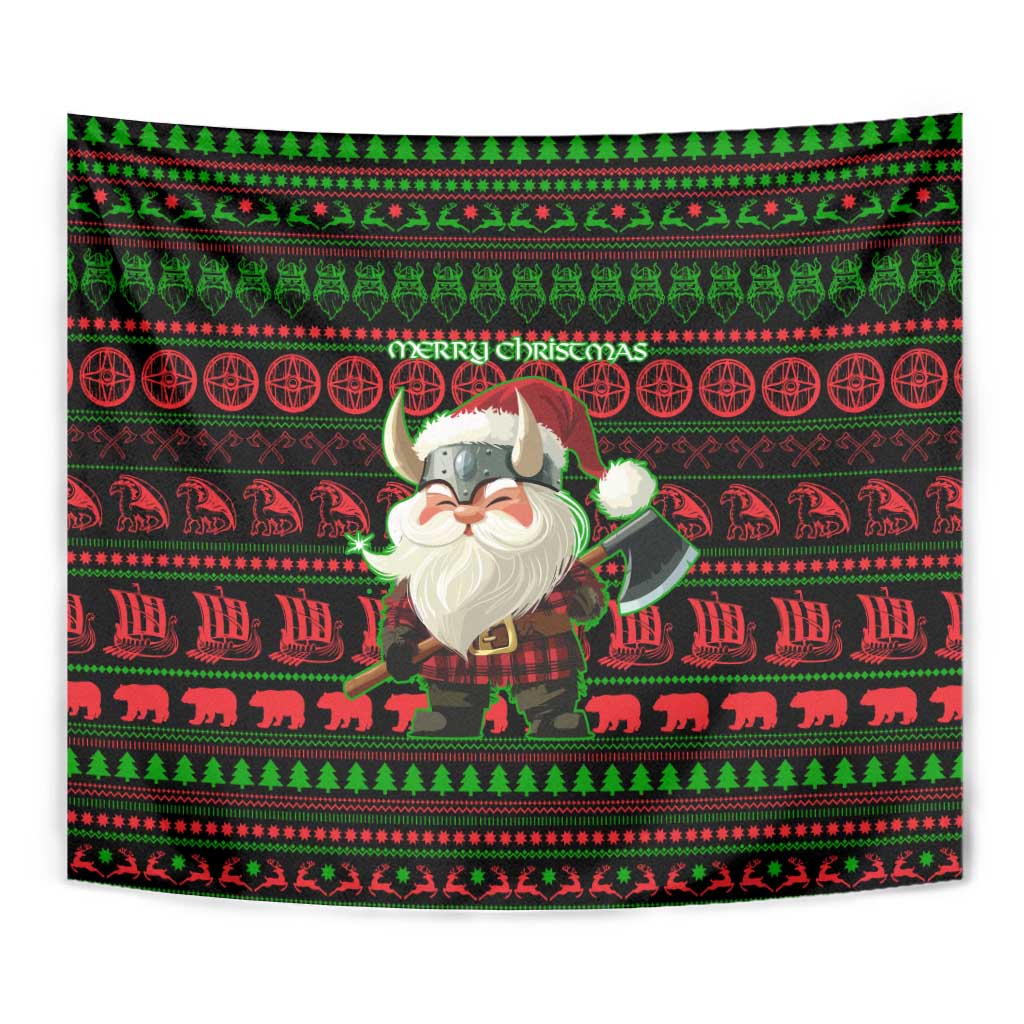 Viking Christmas Tapestry with Santa Warrior Axe Nordic Symbols Red Green Black Knit Pattern Design - Wonder Print Shop