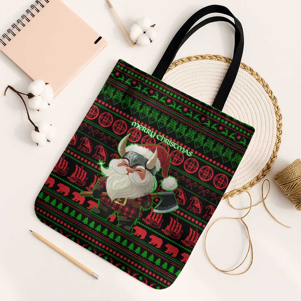 Viking Christmas Tote Bag with Santa Warrior Axe Nordic Symbols Red Green Black Knit Pattern Design - Wonder Print Shop