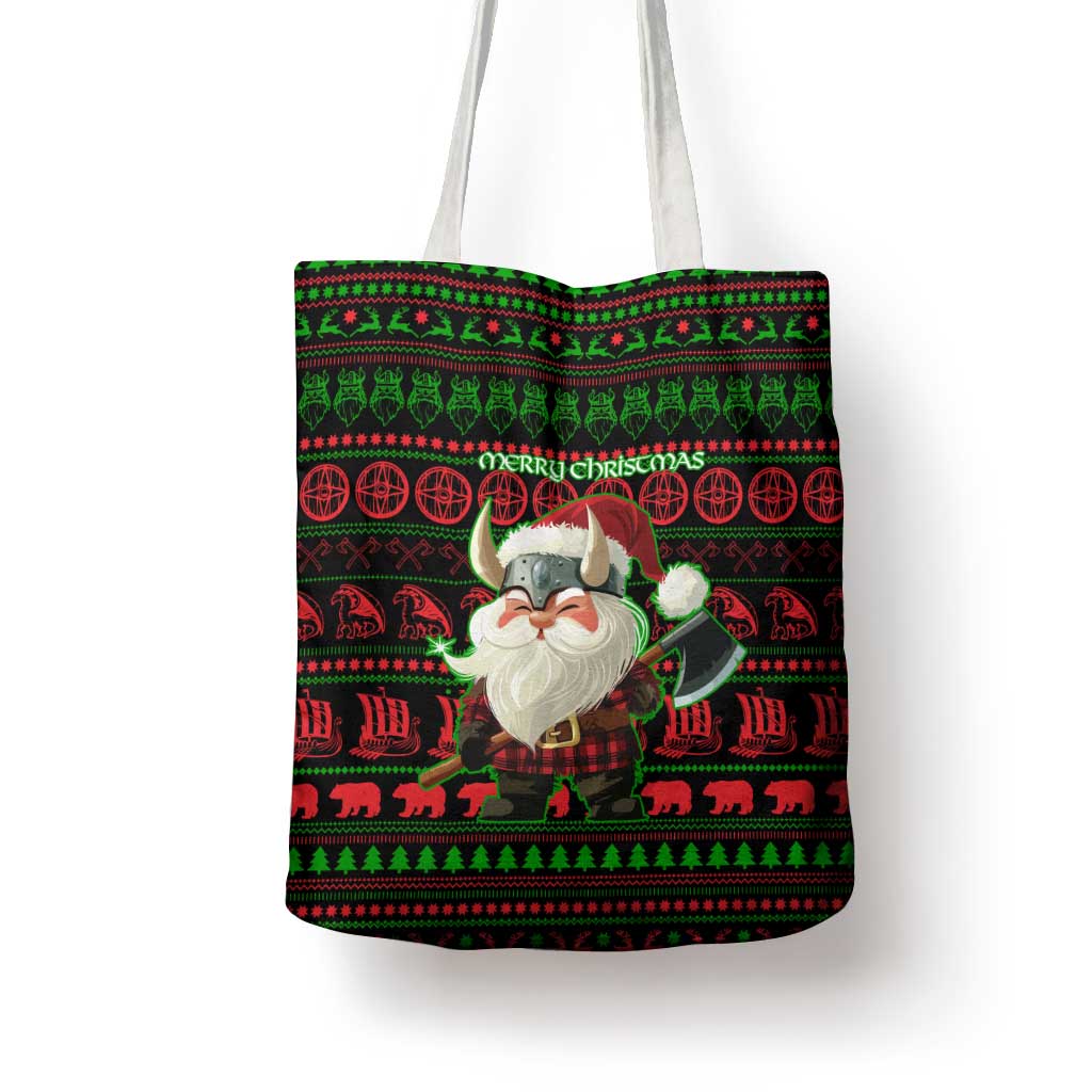 Viking Christmas Tote Bag with Santa Warrior Axe Nordic Symbols Red Green Black Knit Pattern Design - Wonder Print Shop