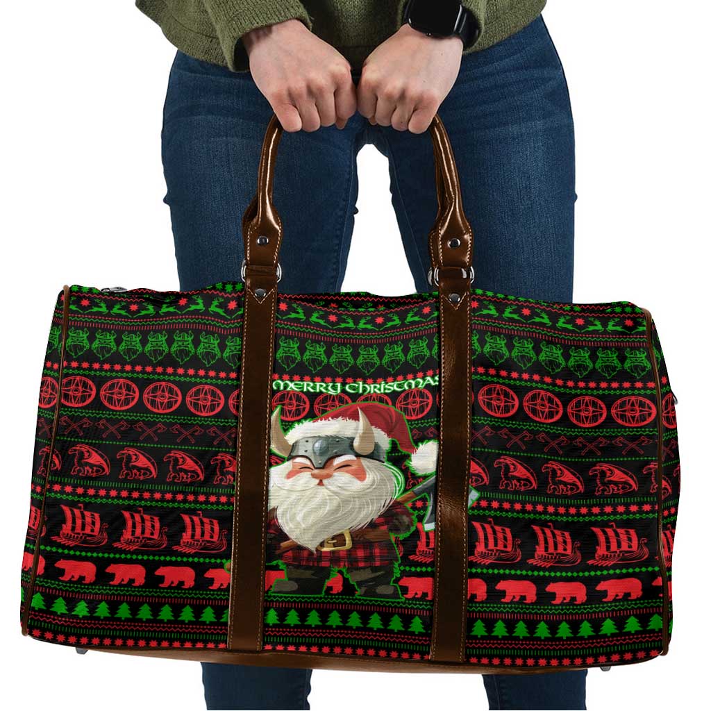 Viking Christmas Travel Bag with Santa Warrior Axe Nordic Symbols Red Green Black Knit Pattern Design - Wonder Print Shop