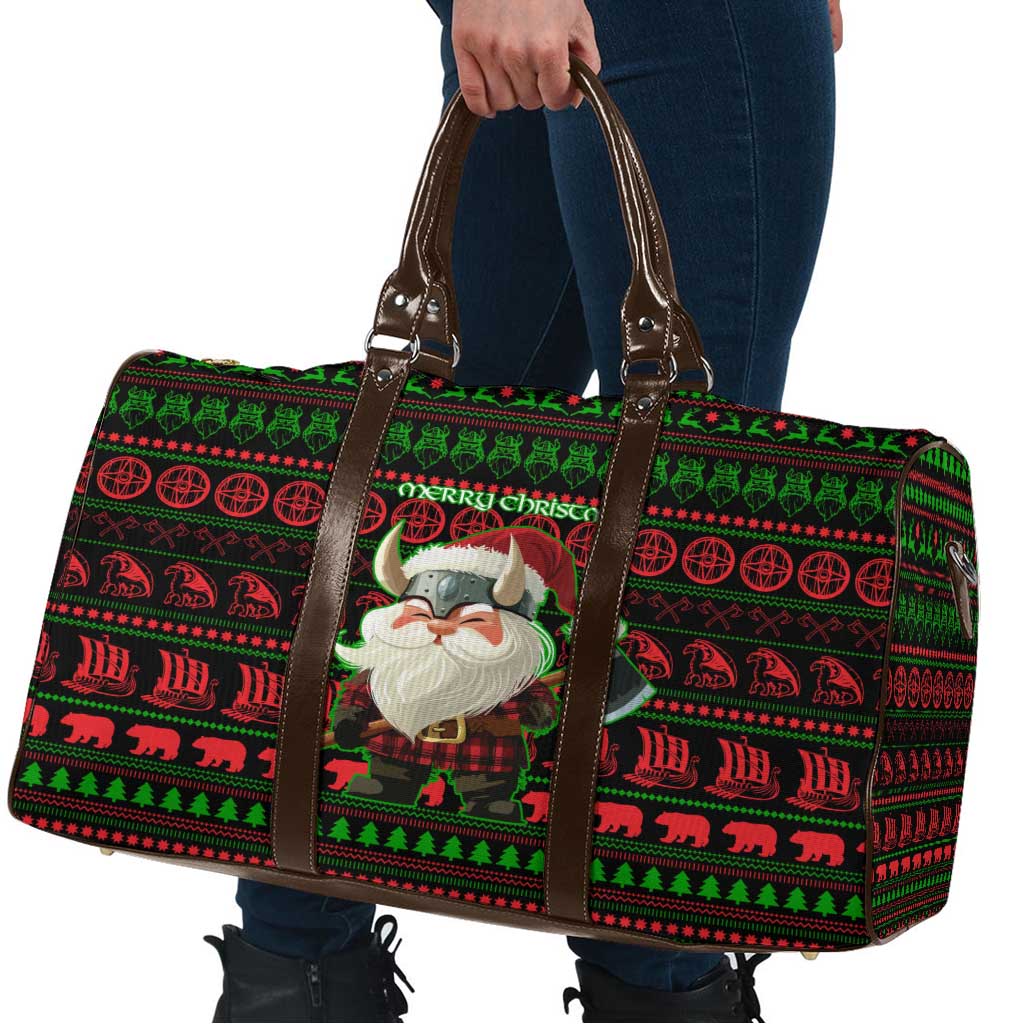 Viking Christmas Travel Bag with Santa Warrior Axe Nordic Symbols Red Green Black Knit Pattern Design - Wonder Print Shop
