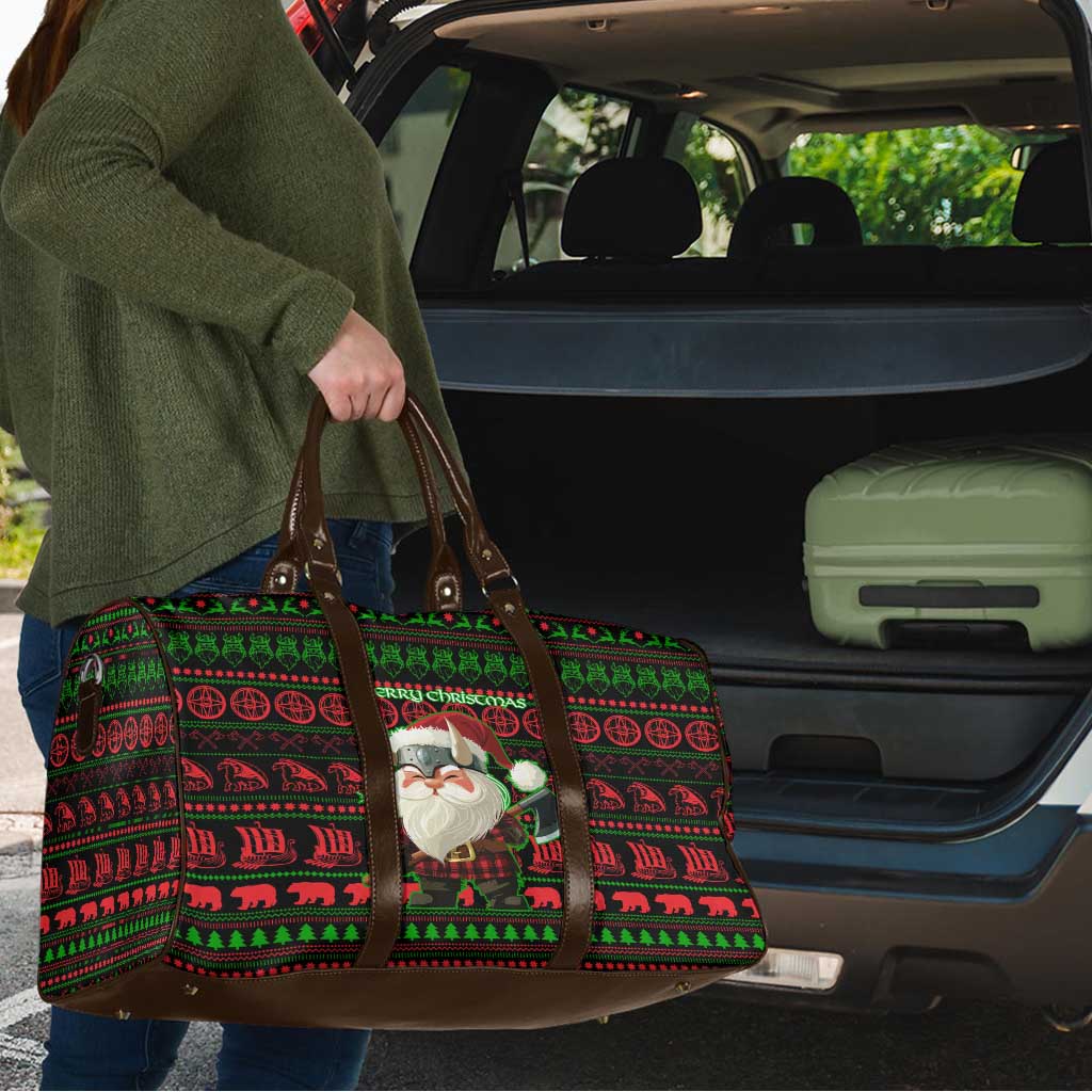 Viking Christmas Travel Bag with Santa Warrior Axe Nordic Symbols Red Green Black Knit Pattern Design - Wonder Print Shop