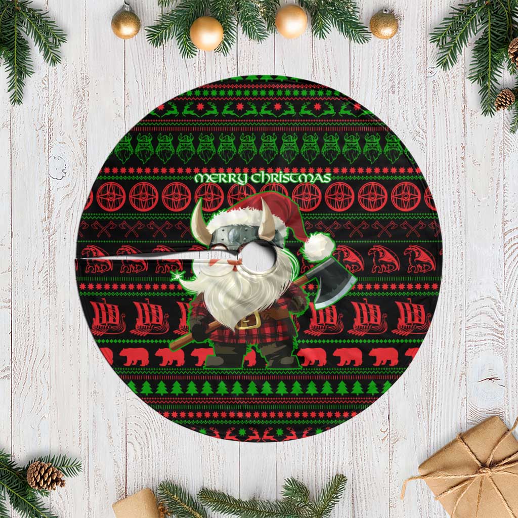 Viking Christmas Tree Skirt with Santa Warrior Axe Nordic Symbols Red Green Black Knit Pattern Design - Wonder Print Shop