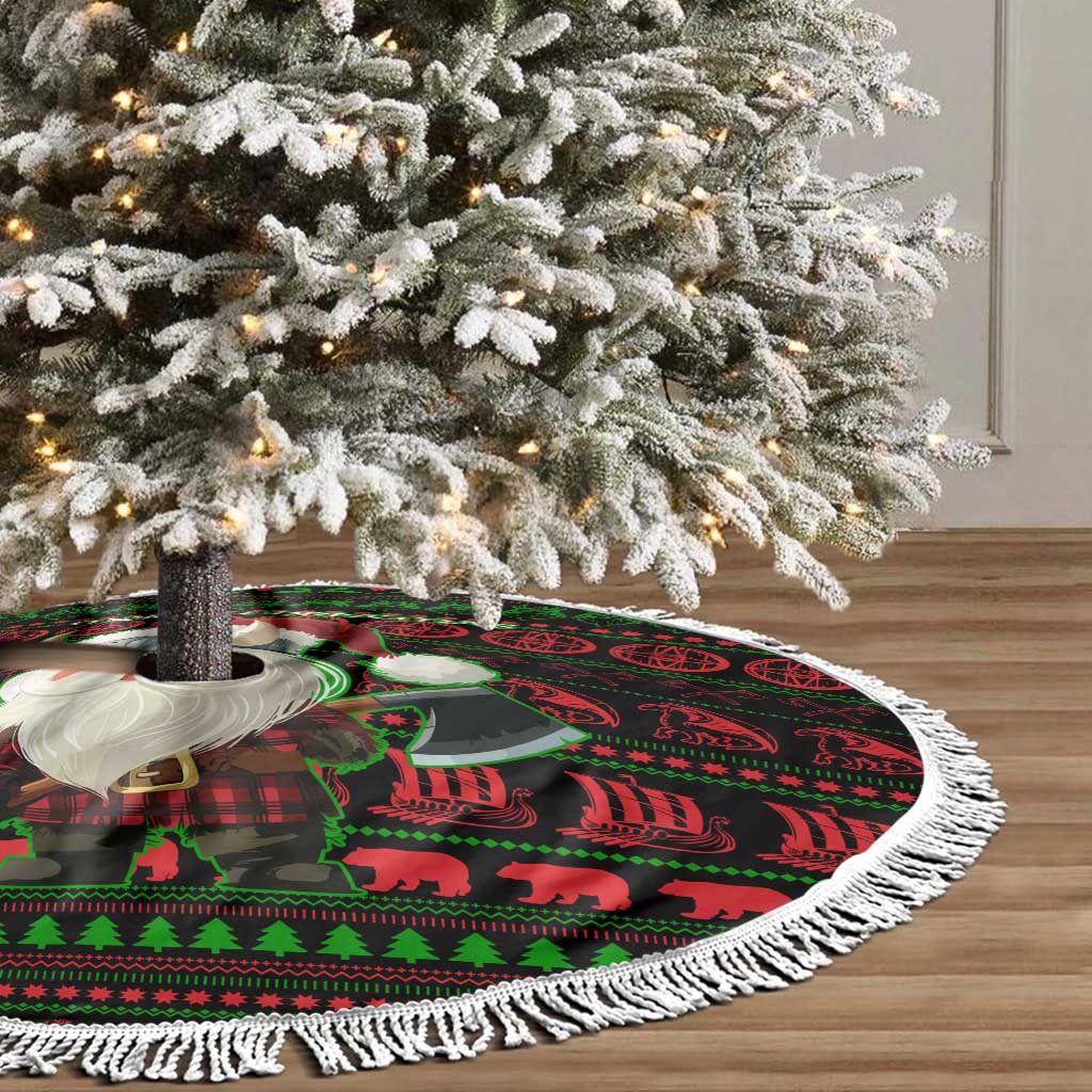 Viking Christmas Tree Skirt with Santa Warrior Axe Nordic Symbols Red Green Black Knit Pattern Design - Wonder Print Shop