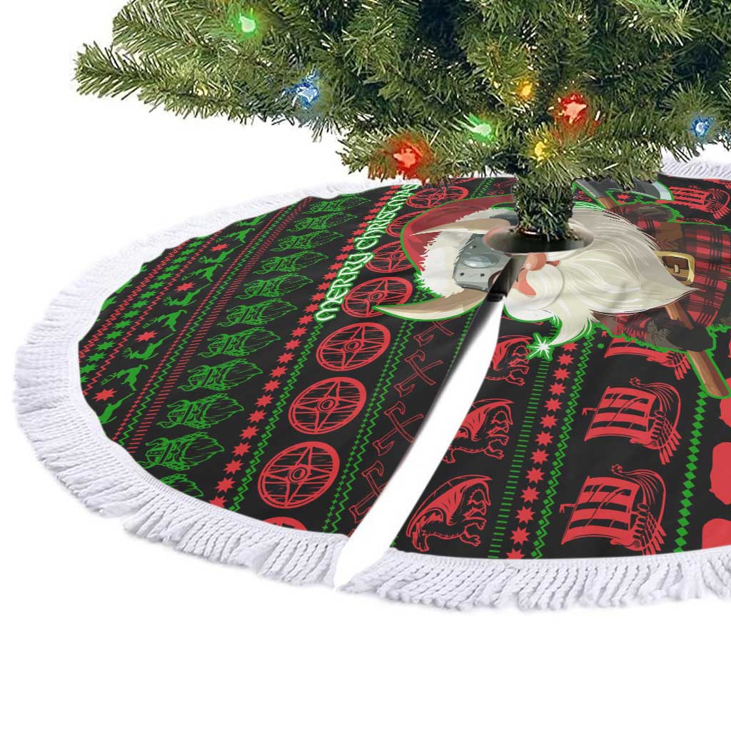 Viking Christmas Tree Skirt with Santa Warrior Axe Nordic Symbols Red Green Black Knit Pattern Design - Wonder Print Shop