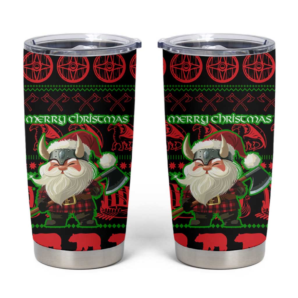 Viking Christmas Tumbler Cup with Santa Warrior Axe Nordic Symbols Red Green Black Knit Pattern Design - Wonder Print Shop