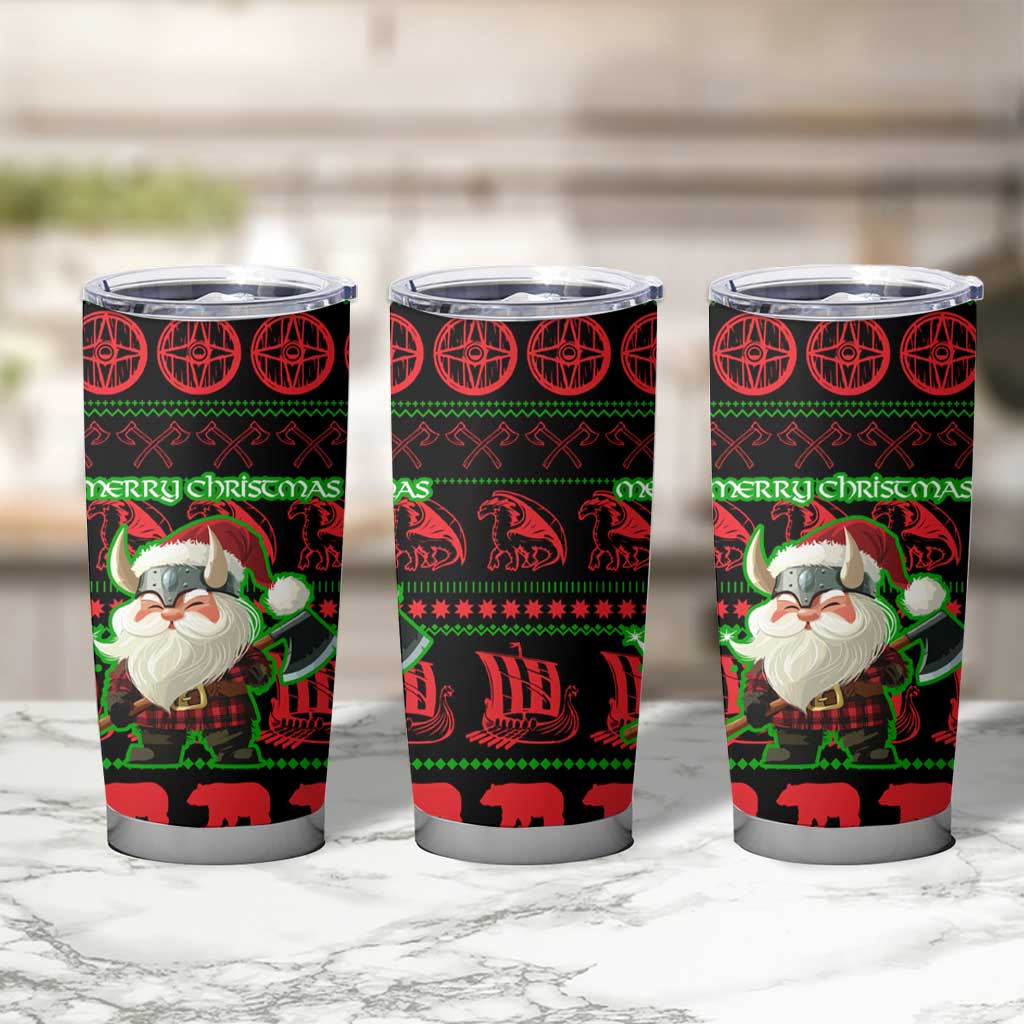 Viking Christmas Tumbler Cup with Santa Warrior Axe Nordic Symbols Red Green Black Knit Pattern Design - Wonder Print Shop