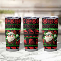 Viking Christmas Tumbler Cup with Santa Warrior Axe Nordic Symbols Red Green Black Knit Pattern Design - Wonder Print Shop