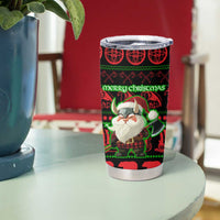 Viking Christmas Tumbler Cup with Santa Warrior Axe Nordic Symbols Red Green Black Knit Pattern Design - Wonder Print Shop