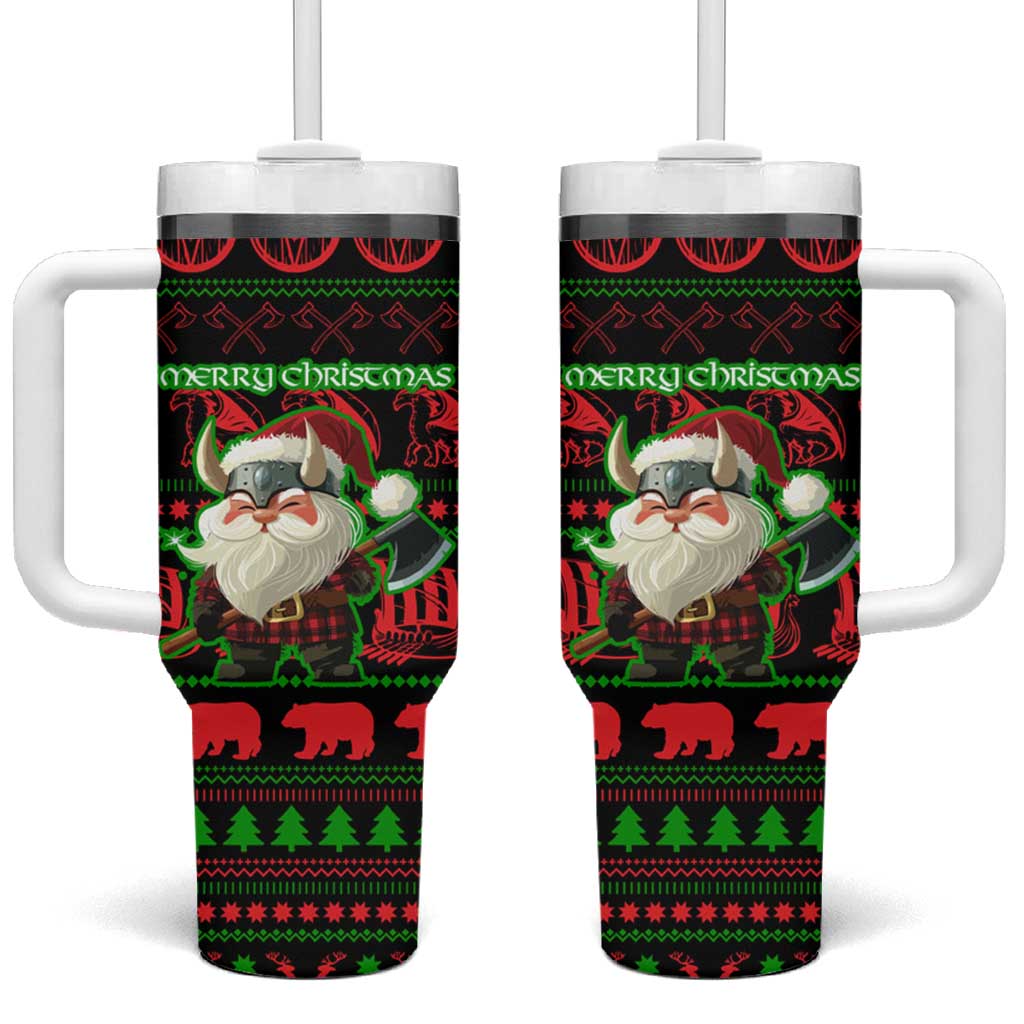 Viking Christmas Tumbler With Handle with Santa Warrior Axe Nordic Symbols Red Green Black Knit Pattern Design - Wonder Print Shop