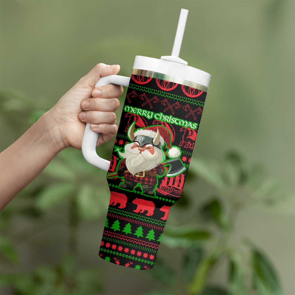 Viking Christmas Tumbler With Handle with Santa Warrior Axe Nordic Symbols Red Green Black Knit Pattern Design - Wonder Print Shop