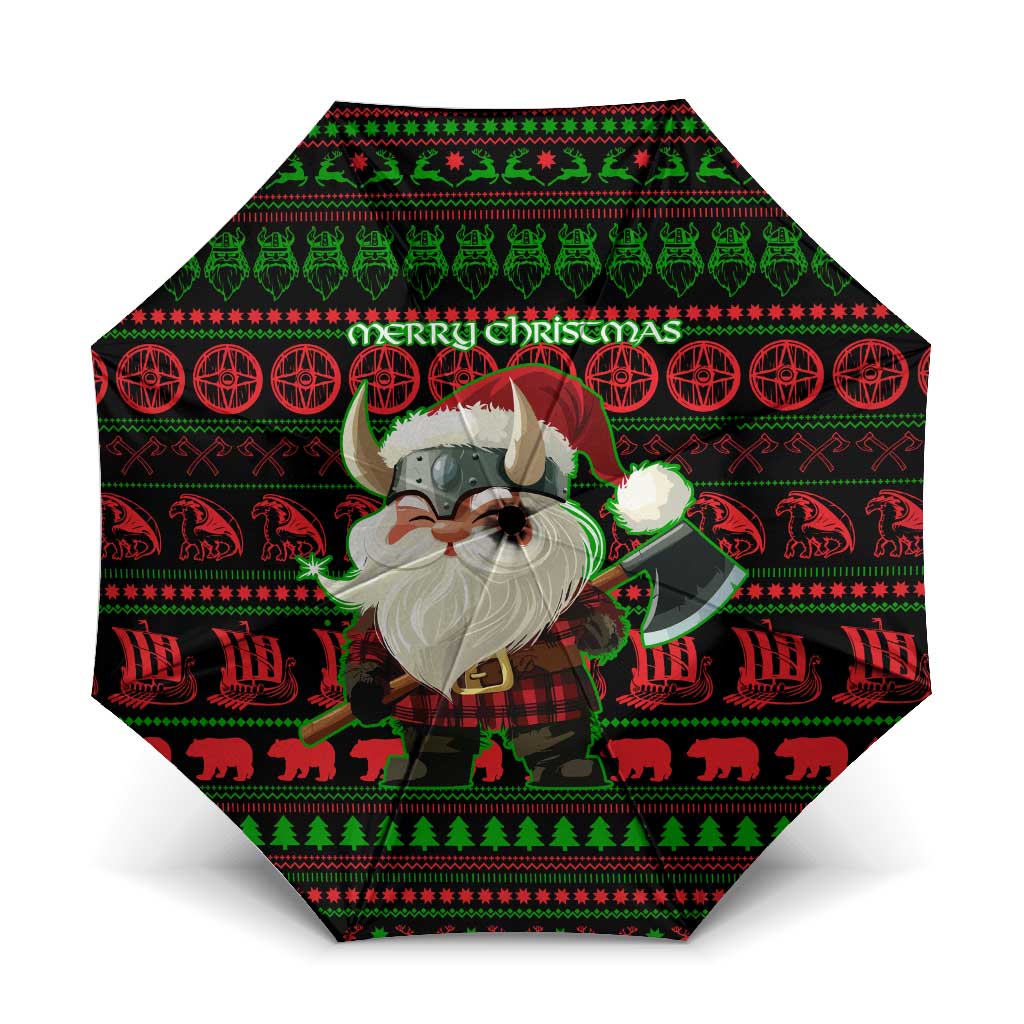 Viking Christmas Umbrella with Santa Warrior Axe Nordic Symbols Red Green Black Knit Pattern Design - Wonder Print Shop