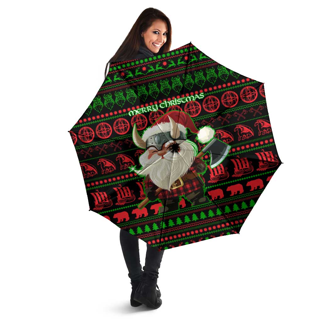 Viking Christmas Umbrella with Santa Warrior Axe Nordic Symbols Red Green Black Knit Pattern Design - Wonder Print Shop