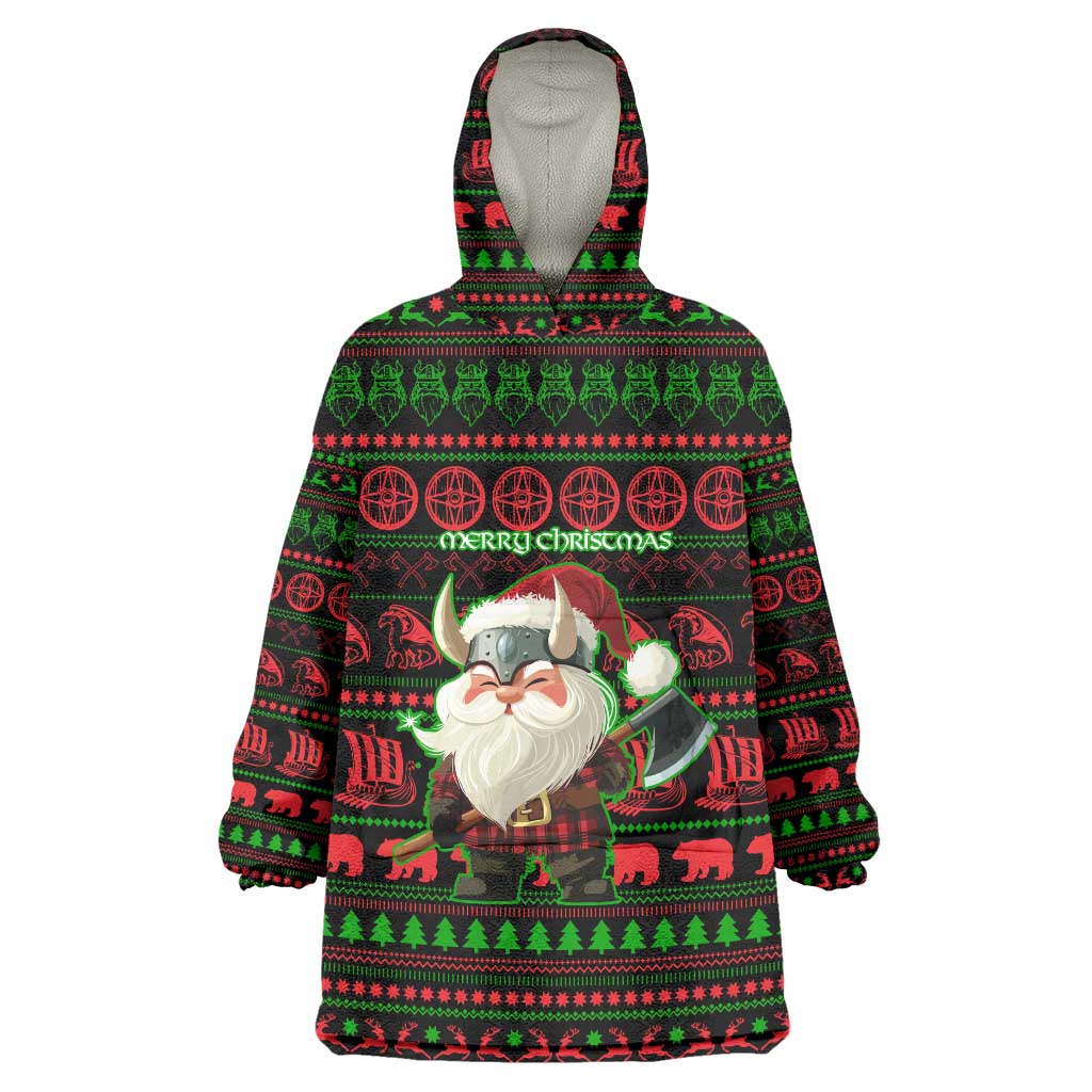 Viking Christmas Wearable Blanket Hoodie with Santa Warrior Axe Nordic Symbols Red Green Black Knit Pattern Design - Wonder Print Shop