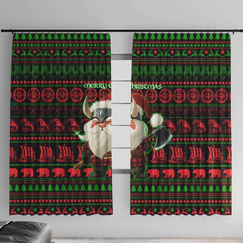 Viking Christmas Window Curtain with Santa Warrior Axe Nordic Symbols Red Green Black Knit Pattern Design - Wonder Print Shop