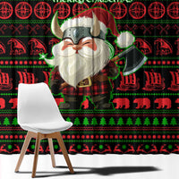 Viking Christmas Window Curtain with Santa Warrior Axe Nordic Symbols Red Green Black Knit Pattern Design - Wonder Print Shop