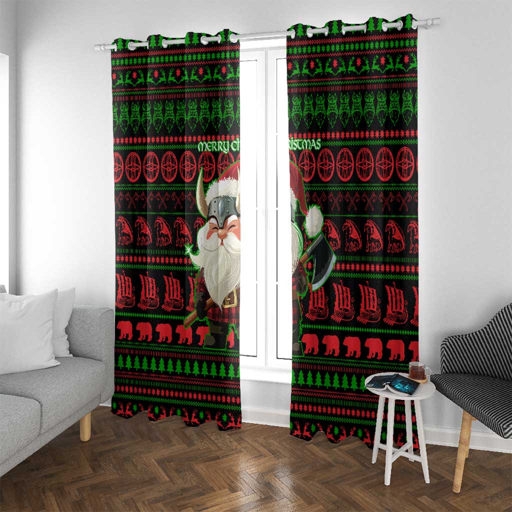 Viking Christmas Window Curtain with Santa Warrior Axe Nordic Symbols Red Green Black Knit Pattern Design - Wonder Print Shop