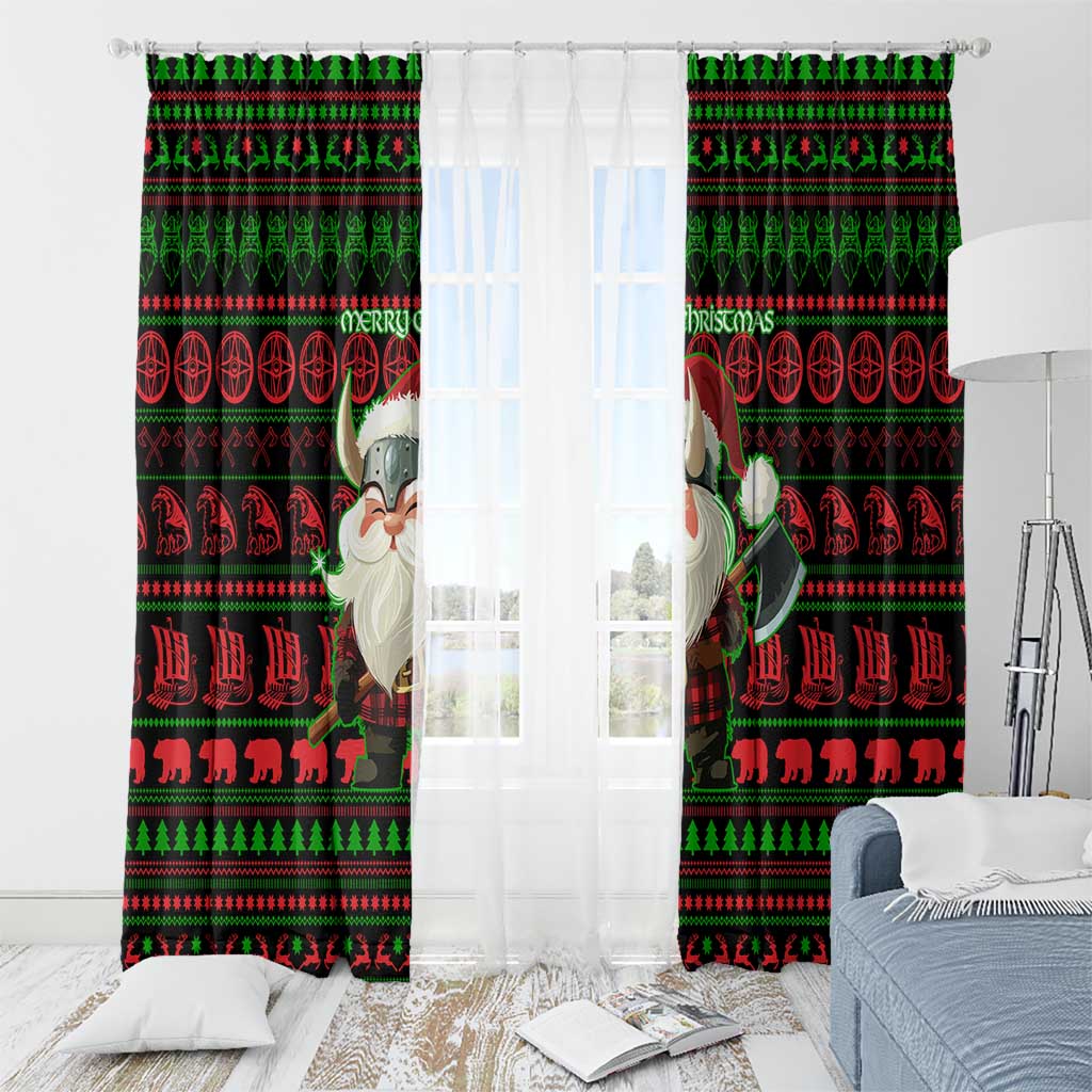 Viking Christmas Window Curtain with Santa Warrior Axe Nordic Symbols Red Green Black Knit Pattern Design - Wonder Print Shop