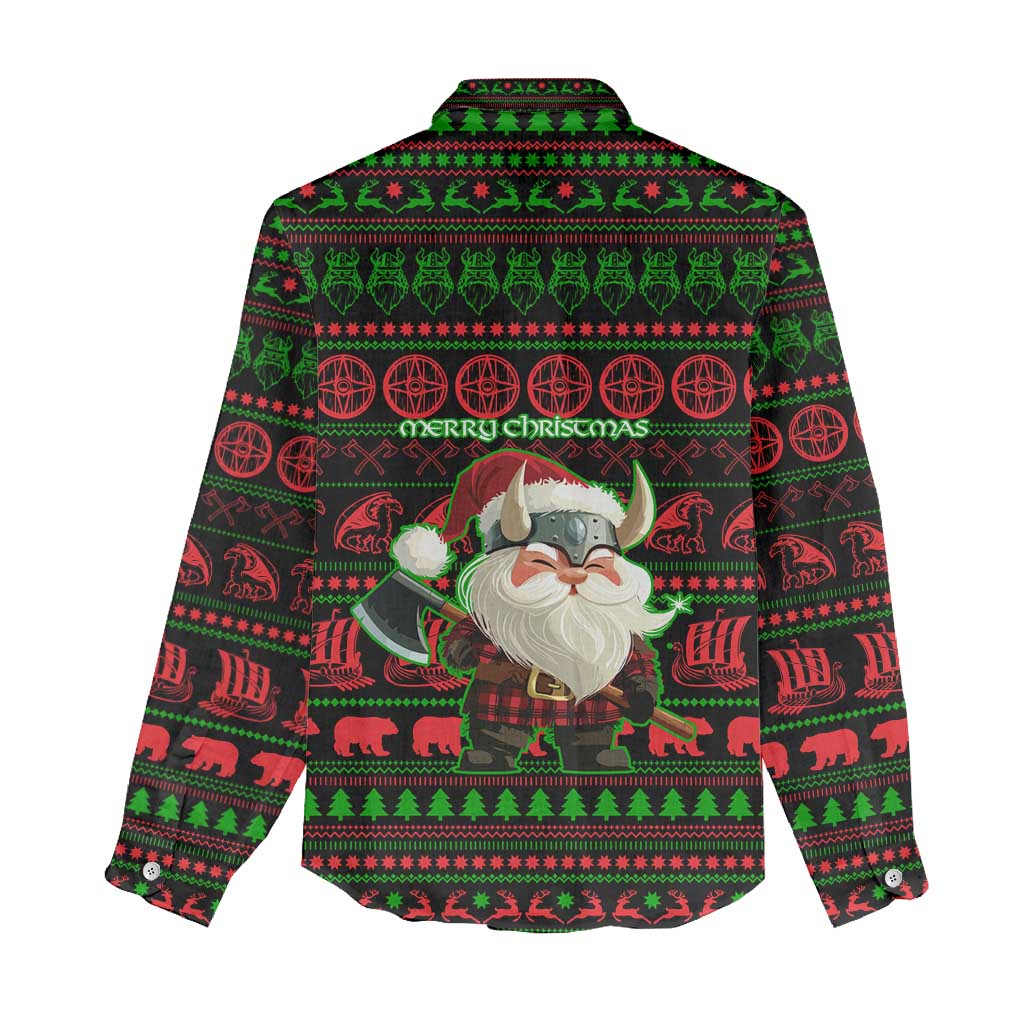 Viking Christmas Women Casual Shirt with Santa Warrior Axe Nordic Symbols Red Green Black Knit Pattern Design - Wonder Print Shop